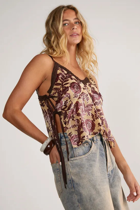 Floral Devore Lace Trim Tie Side Cami Top