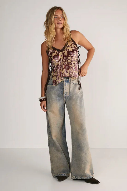 Floral Devore Lace Trim Tie Side Cami Top