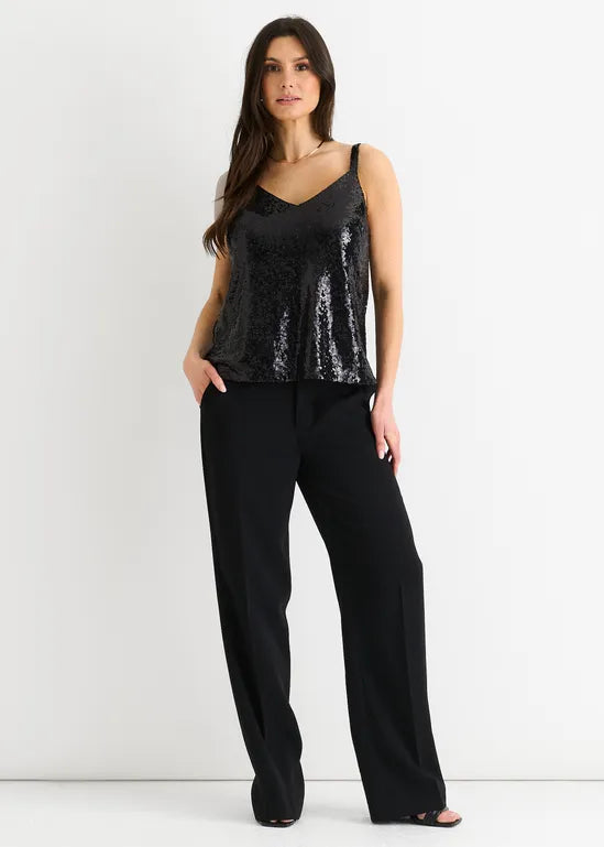 Black Sequin V Neck Cami Top