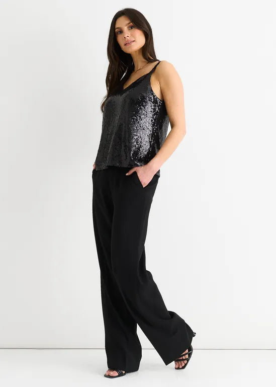 Black Sequin V Neck Cami Top